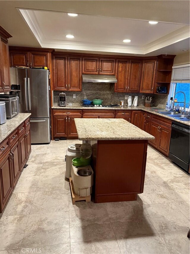 1808 Via Entrada, Rowland Heights, CA 91748 - kitchen with freestanding refrigerator, dishwasher, a sink, under cabinet range hood, and a tray ceiling