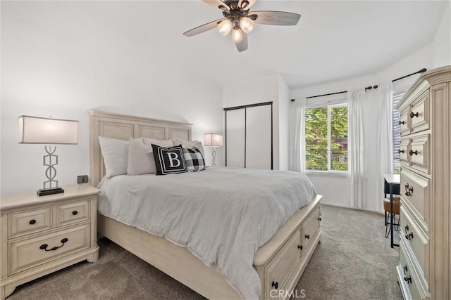 62 Wild Horse Loop Unit 29, Rancho Santa Margarita, CA 92688 - bedroom with light carpet, vaulted ceiling, and ceiling fan