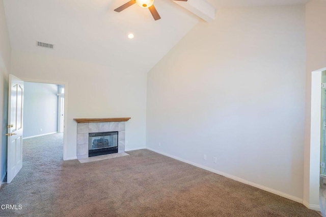 2947 Camino Del Zuro, Thousand Oaks, CA 91360 - unfurnished living room with a ceiling fan, carpet floors, baseboards, and a tiled fireplace