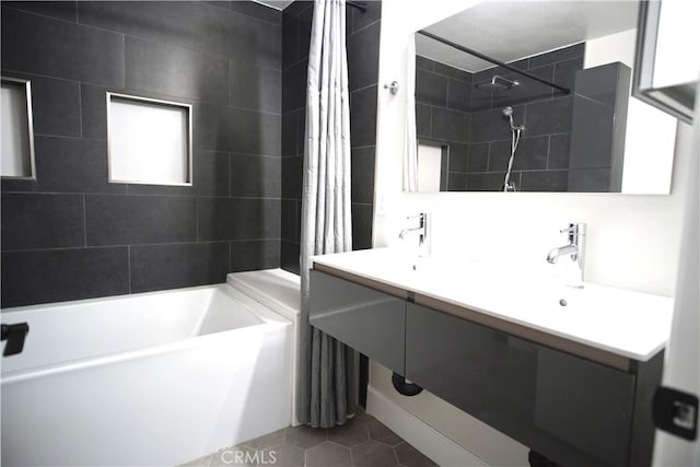 5187 Cedar St, Jurupa Valley, CA 92509 - bathroom with shower / bathtub combination with curtain, double vanity, and tile patterned flooring