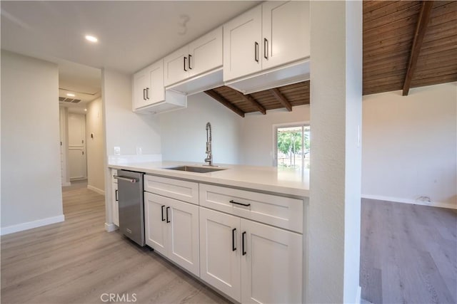 5187 Cedar St, Jurupa Valley, CA 92509 - kitchen with light wood finished floors, wooden ceiling, stainless steel dishwasher, white cabinetry, and light countertops