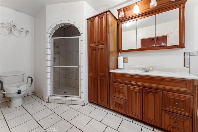 6031 6th Ave, Los Angeles, CA 90043 - full bath with vanity, a stall shower, toilet, and tile patterned flooring