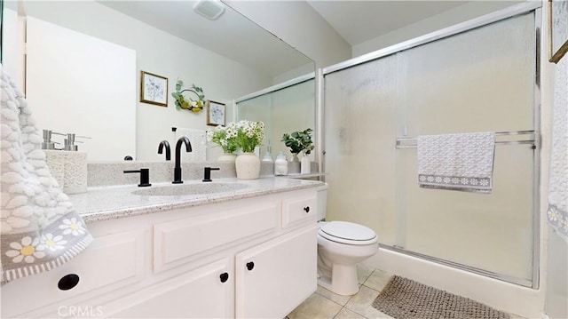 8535 Creekside Pl, Rancho Cucamonga, CA 91730 - bathroom featuring toilet, vanity, a shower stall, and tile patterned flooring