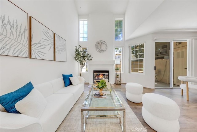 13445 Savanna, Tustin, CA 92782 - living room with a towering ceiling, wood finished floors, and a glass covered fireplace