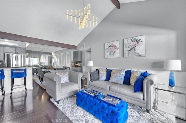 44 Carriage Way Unit 108, Pomona, CA 91766 - living area featuring a chandelier, dark wood-style floors, high vaulted ceiling, and beamed ceiling