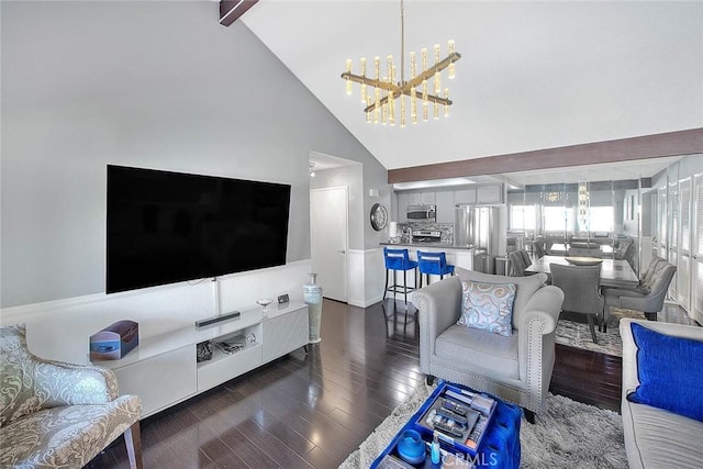 44 Carriage Way Unit 108, Pomona, CA 91766 - living area featuring a chandelier, high vaulted ceiling, wood finished floors, beam ceiling, and baseboards