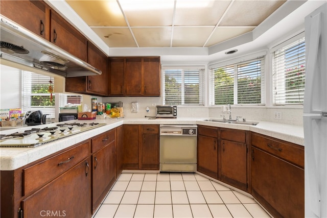 2917 W Hellman Ave, Alhambra, CA 91803 - kitchen with white appliances, a sink, light countertops, ventilation hood, and light tile patterned flooring
