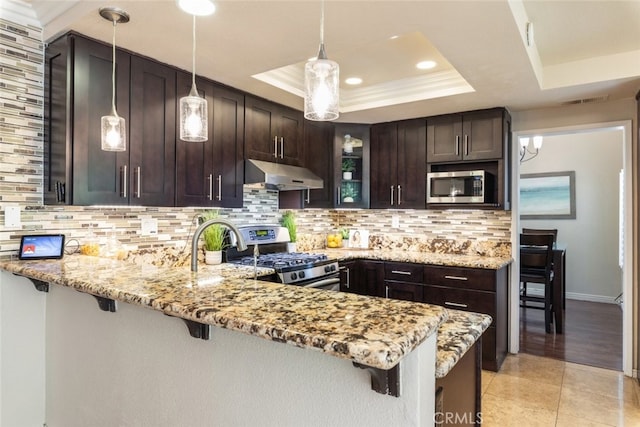 13179 Lone Stallion Ln, Corona, CA 92883 - kitchen featuring appliances with stainless steel finishes, exhaust hood, a raised ceiling, light stone counters, and dark brown cabinetry