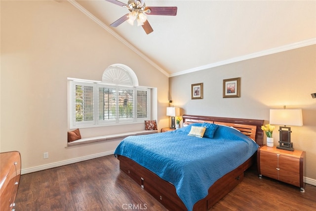 13179 Lone Stallion Ln, Corona, CA 92883 - bedroom featuring wood finished floors, baseboards, crown molding, a ceiling fan, and high vaulted ceiling