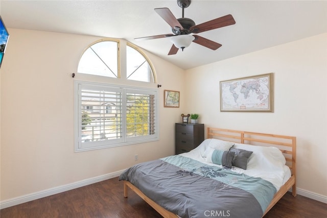 13179 Lone Stallion Ln, Corona, CA 92883 - bedroom featuring baseboards, wood finished floors, vaulted ceiling, and a ceiling fan