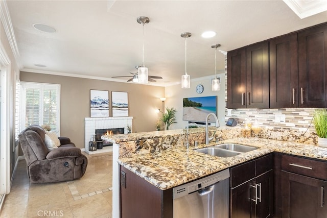 13179 Lone Stallion Ln, Corona, CA 92883 - kitchen featuring dishwasher, a sink, a peninsula, backsplash, and dark brown cabinets