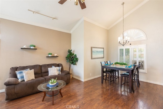 13179 Lone Stallion Ln, Corona, CA 92883 - living room featuring baseboards, wood finished floors, track lighting, a chandelier, and a ceiling fan