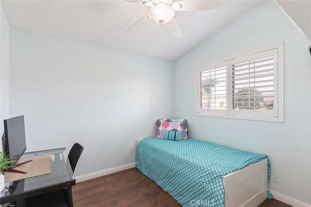 13179 Lone Stallion Ln, Corona, CA 92883 - bedroom with wood finished floors, vaulted ceiling, baseboards, ceiling fan, and a desk