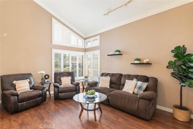13179 Lone Stallion Ln, Corona, CA 92883 - living room with rail lighting, wood finished floors, baseboards, ornamental molding, and a high ceiling