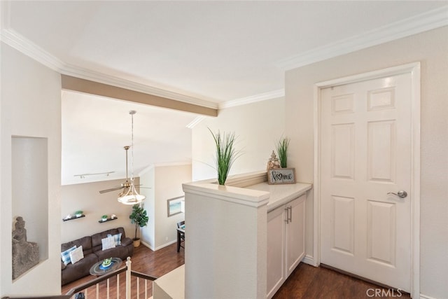 13179 Lone Stallion Ln, Corona, CA 92883 - hallway with dark wood-style flooring, crown molding, and baseboards