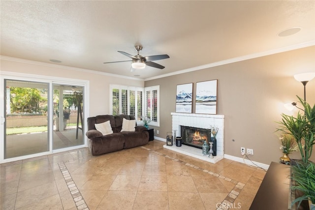 13179 Lone Stallion Ln, Corona, CA 92883 - living room featuring ornamental molding, ceiling fan, baseboards, a brick fireplace, and light tile patterned floors