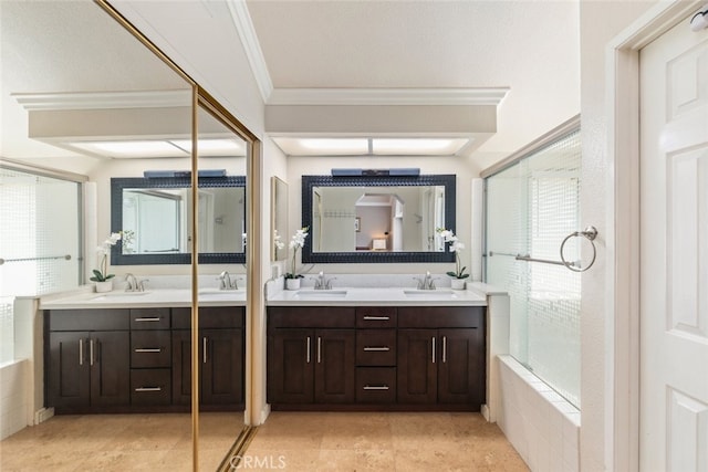 13179 Lone Stallion Ln, Corona, CA 92883 - bathroom with double vanity, an enclosed shower, crown molding, and tile patterned flooring