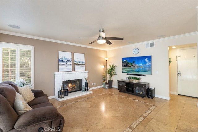 13179 Lone Stallion Ln, Corona, CA 92883 - living room featuring ceiling fan, crown molding, baseboards, a fireplace, and light tile patterned flooring