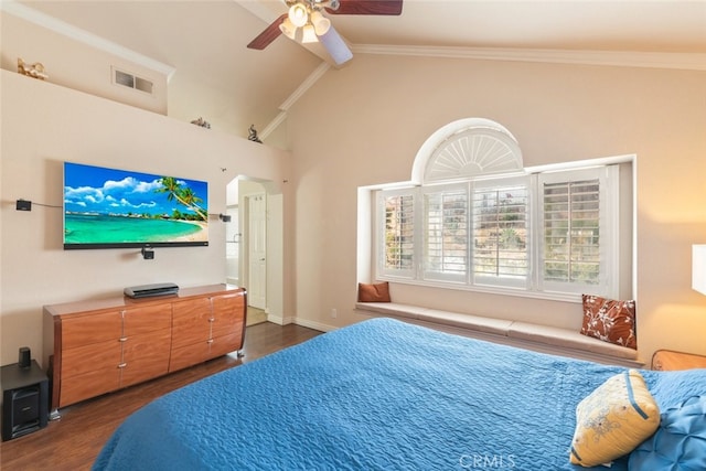 13179 Lone Stallion Ln, Corona, CA 92883 - bedroom featuring wood finished floors, ceiling fan, high vaulted ceiling, and crown molding