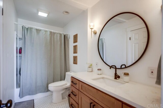 6930 Hyde Park Dr Unit 218, San Diego, CA 92119 - full bath with vanity, toilet, tile patterned floors, and shower / bath combination with curtain