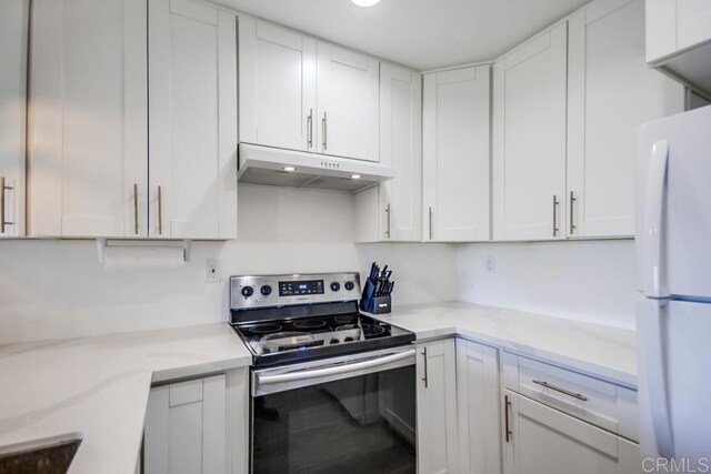 6930 Hyde Park Dr Unit 218, San Diego, CA 92119 - kitchen featuring stainless steel range with electric cooktop, freestanding refrigerator, under cabinet range hood, and white cabinetry