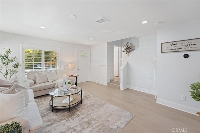 7 Monticello Ln, Rancho Santa Margarita, CA 92688 - living room featuring light wood-style flooring, stairs, and recessed lighting