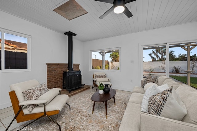1086 Amacayo Ct, San Diego, CA 92154 - living area featuring a wood stove, plenty of natural light, baseboards, light tile patterned floors, and wooden ceiling