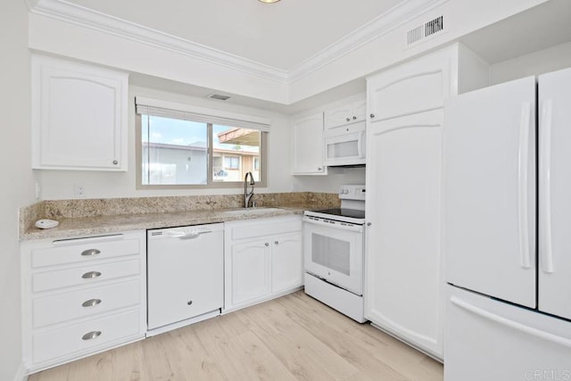 6808 Hyde Park Dr, San Diego, CA 92119 - kitchen featuring white appliances, a sink, ornamental molding, white cabinetry, and light wood-style flooring
