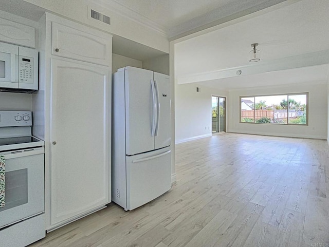 6808 Hyde Park Dr, San Diego, CA 92119 - kitchen with white appliances, light wood finished floors, baseboards, crown molding, and white cabinets