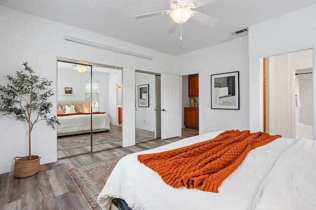 5529 Old Ranch Rd Unit 47, Oceanside, CA 92057 - bedroom featuring light wood finished floors, a closet, ceiling fan, and connected bathroom