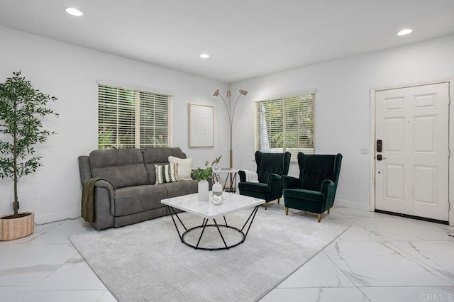 5529 Old Ranch Rd Unit 47, Oceanside, CA 92057 - living room featuring light marble finish flooring, recessed lighting, and baseboards