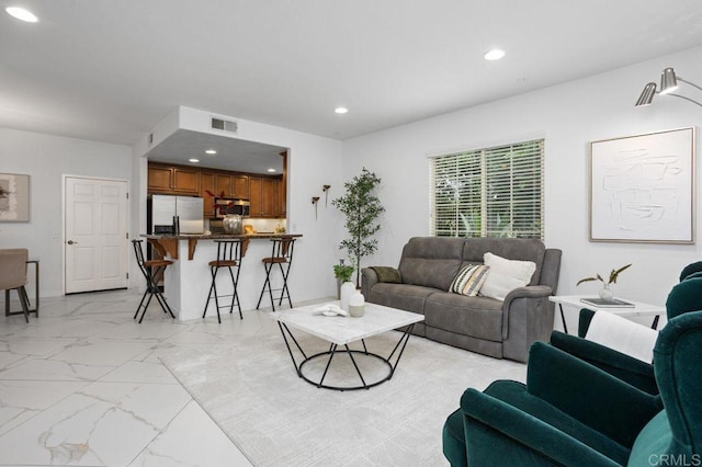5529 Old Ranch Rd Unit 47, Oceanside, CA 92057 - living area featuring light marble finish flooring and recessed lighting
