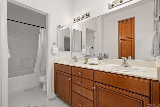 5529 Old Ranch Rd Unit 47, Oceanside, CA 92057 - bathroom featuring double vanity, toilet, marble look tiles, and shower / tub combo