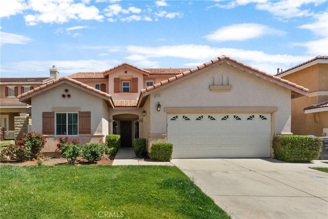 4349 Bethpage Dr, Palmdale, CA 93551 - mediterranean / spanish house with a tiled roof, stucco siding, concrete driveway, a front lawn, and an attached garage