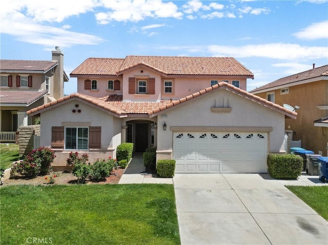 4349 Bethpage Dr, Palmdale, CA 93551 - mediterranean / spanish home featuring stucco siding, driveway, a tiled roof, an attached garage, and a front yard