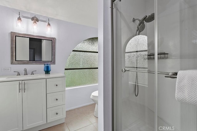 400 S Flower St Unit 84, Orange, CA 92868 - bathroom featuring a shower stall, vanity, toilet, tile patterned floors, and baseboards