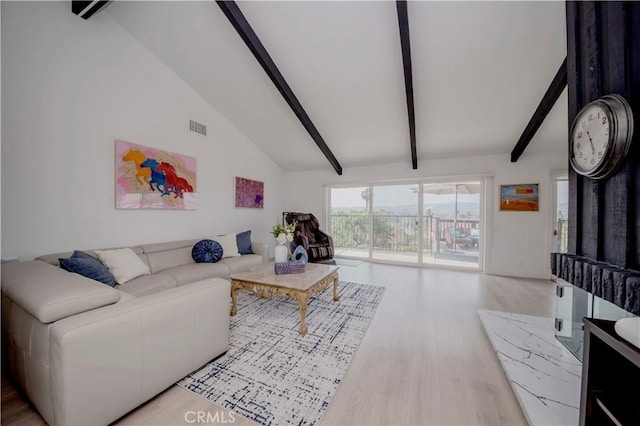 741 W Wedgewood Ln, La Habra, CA 90631 - living area with beamed ceiling, light wood-type flooring, and high vaulted ceiling