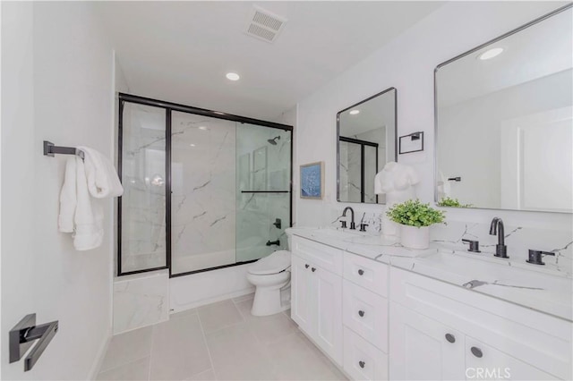 741 W Wedgewood Ln, La Habra, CA 90631 - full bathroom featuring toilet, double vanity, combined bath / shower with glass door, recessed lighting, and tile patterned floors