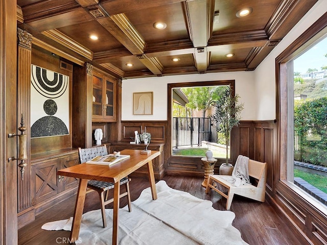 30461 Puerto Vallarta Dr, Laguna Niguel, CA 92677 - office area with hardwood / wood-style flooring, recessed lighting, coffered ceiling, plenty of natural light, and a wainscoted wall