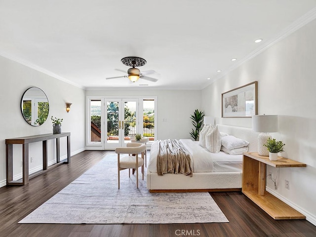 30461 Puerto Vallarta Dr, Laguna Niguel, CA 92677 - bedroom with access to exterior, crown molding, french doors, dark wood-style floors, and baseboards