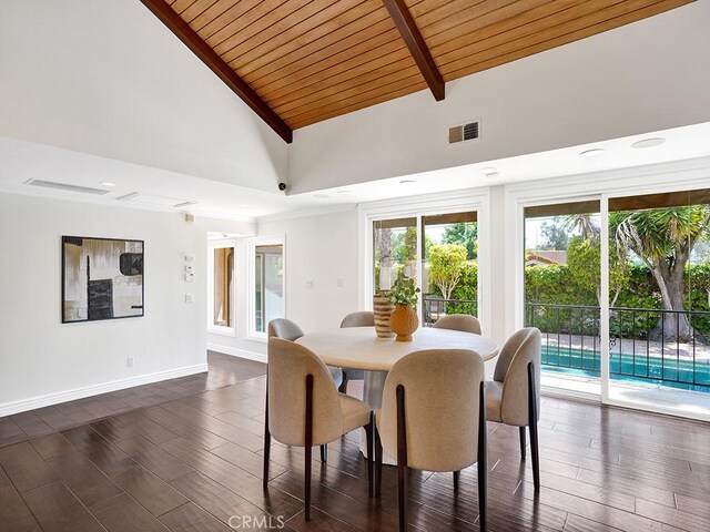 30461 Puerto Vallarta Dr, Laguna Niguel, CA 92677 - dining area with lofted ceiling, wooden ceiling, dark wood-type flooring, and baseboards