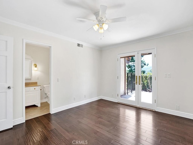 30461 Puerto Vallarta Dr, Laguna Niguel, CA 92677 - empty room featuring a ceiling fan, dark wood-type flooring, french doors, crown molding, and baseboards