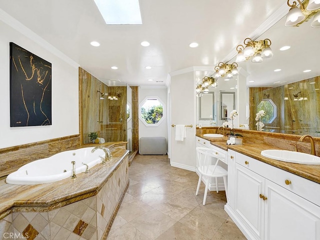 30461 Puerto Vallarta Dr, Laguna Niguel, CA 92677 - bathroom featuring double vanity, crown molding, a shower stall, a tub with jets, and baseboards