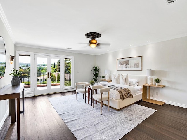 30461 Puerto Vallarta Dr, Laguna Niguel, CA 92677 - bedroom with access to exterior, french doors, ornamental molding, dark wood finished floors, and recessed lighting