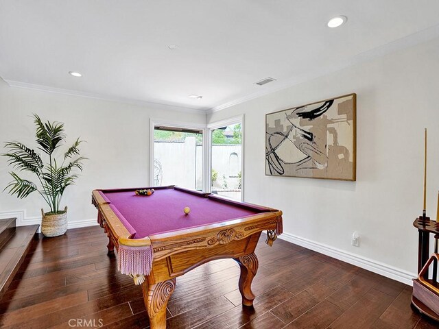 30461 Puerto Vallarta Dr, Laguna Niguel, CA 92677 - game room with billiards, ornamental molding, baseboards, hardwood / wood-style flooring, and recessed lighting