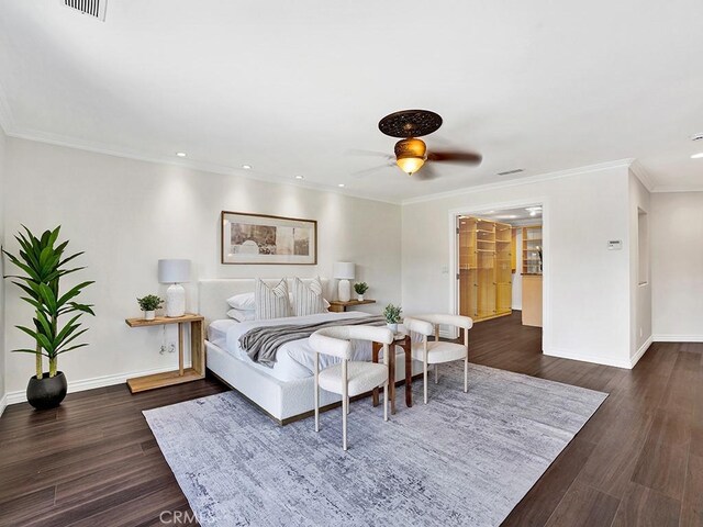 30461 Puerto Vallarta Dr, Laguna Niguel, CA 92677 - bedroom with dark wood finished floors, baseboards, recessed lighting, crown molding, and a ceiling fan