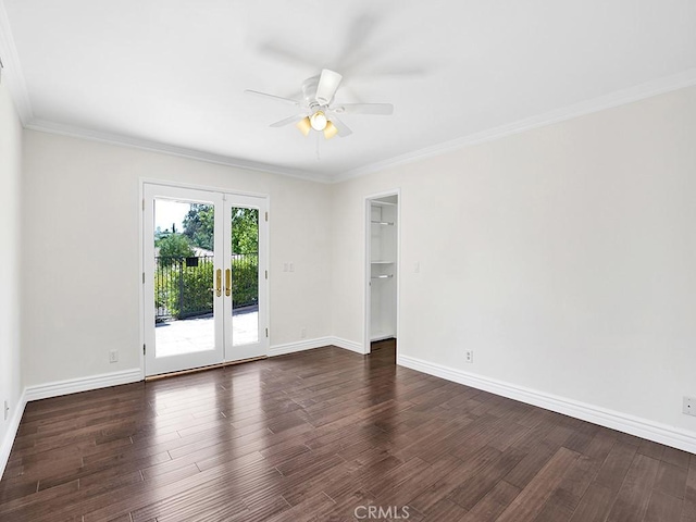 30461 Puerto Vallarta Dr, Laguna Niguel, CA 92677 - unfurnished room with ceiling fan, dark wood-type flooring, french doors, baseboards, and crown molding