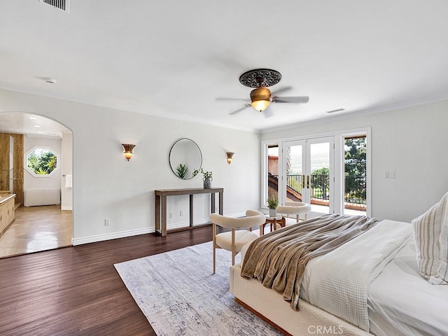 30461 Puerto Vallarta Dr, Laguna Niguel, CA 92677 - bedroom with arched walkways, access to outside, wood finished floors, baseboards, and ornamental molding