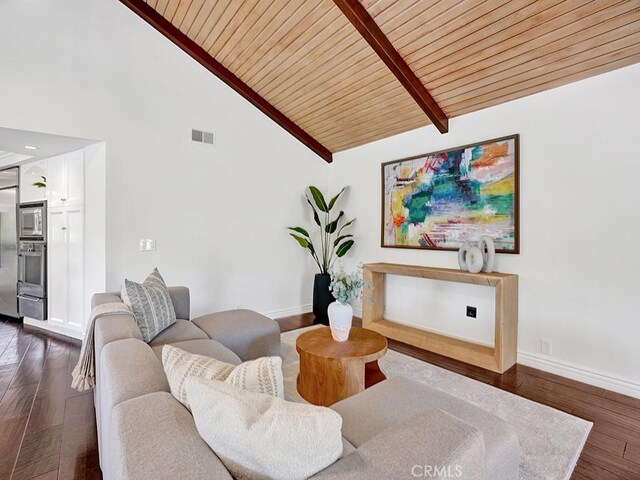 30461 Puerto Vallarta Dr, Laguna Niguel, CA 92677 - living room with wood ceiling with exposed beams, dark wood-type flooring, baseboards, and high vaulted ceiling