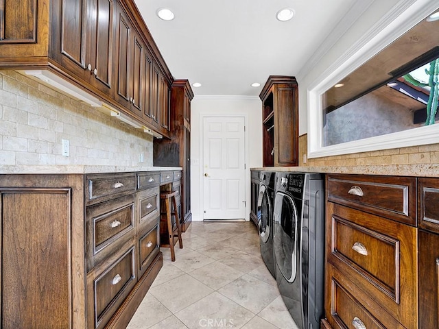 30461 Puerto Vallarta Dr, Laguna Niguel, CA 92677 - washroom with washing machine and dryer, light tile patterned floors, recessed lighting, and ornamental molding